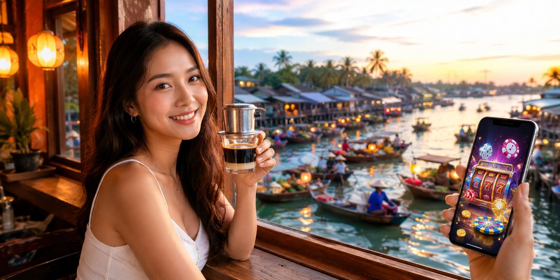 Người dùng thư giãn tại Phú Quốc và tận hưởng casino di động với tách cà phê trên tay