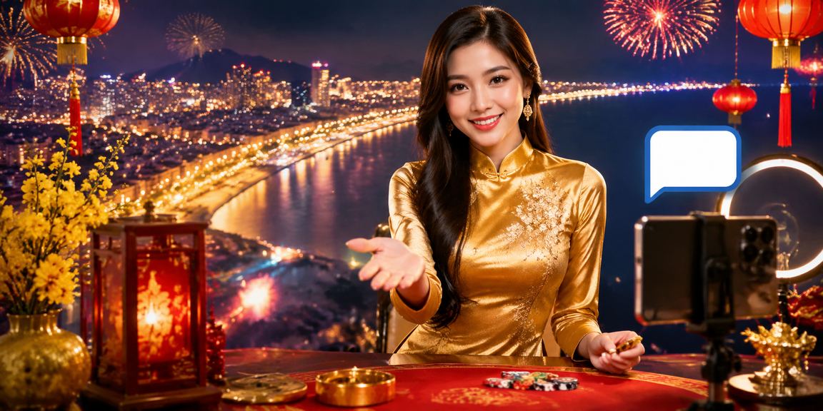 Người phụ nữ áo dài tại Quy Nhơn tham gia xổ số trực tuyến trong không khí tươi vui